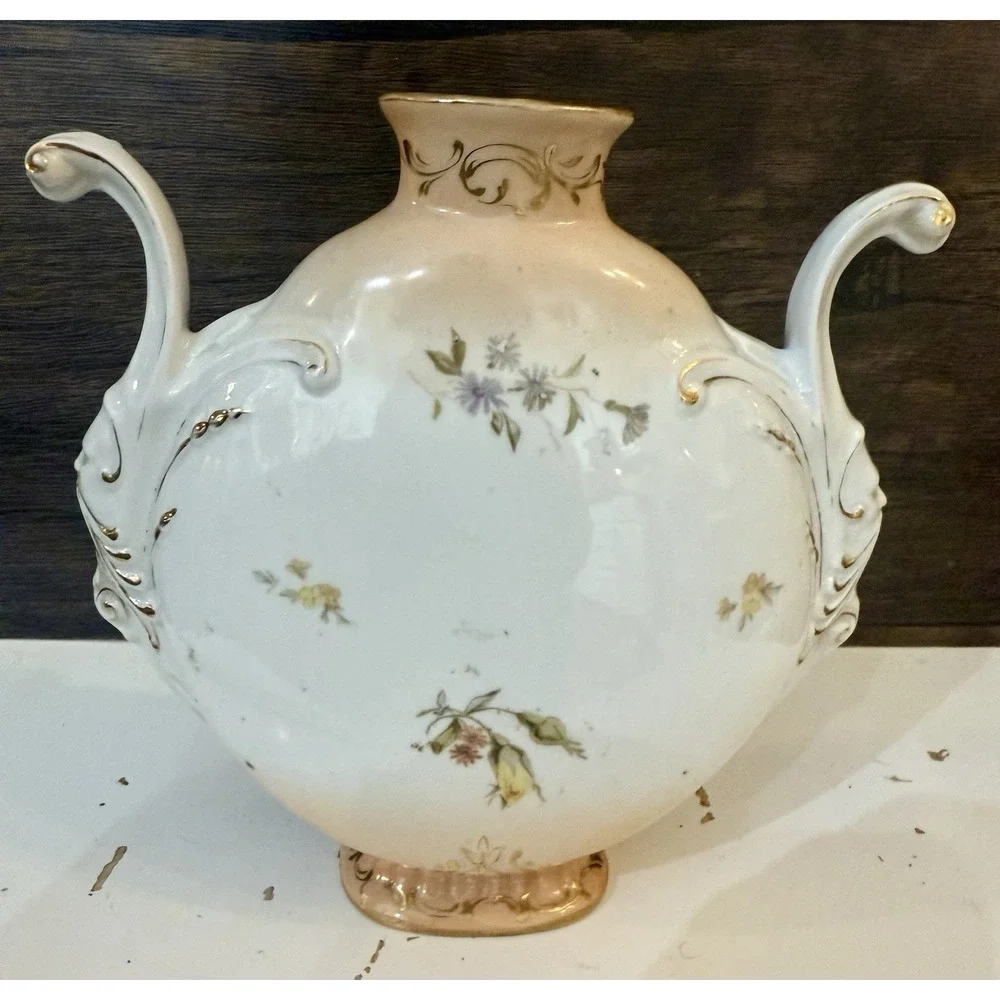 Antique Porcelain Mantel Vase Ram Head Handles Hand Painted Roses Gold Gilt